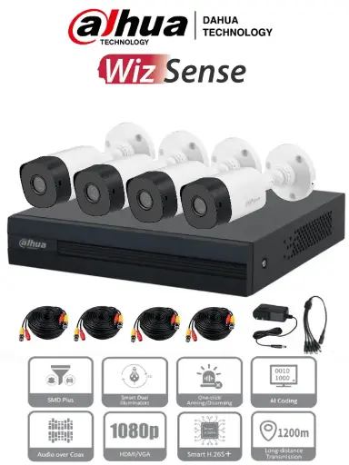 Kit de 4 Canales de 2 Megapixeles/ DVR Cooper-I WizSense/ Con IA/ H.265+/ 4 Camaras B1A21 1080p/ 4 Canales + 1 IP o Hasta 5 Canales IP/  Accesorios